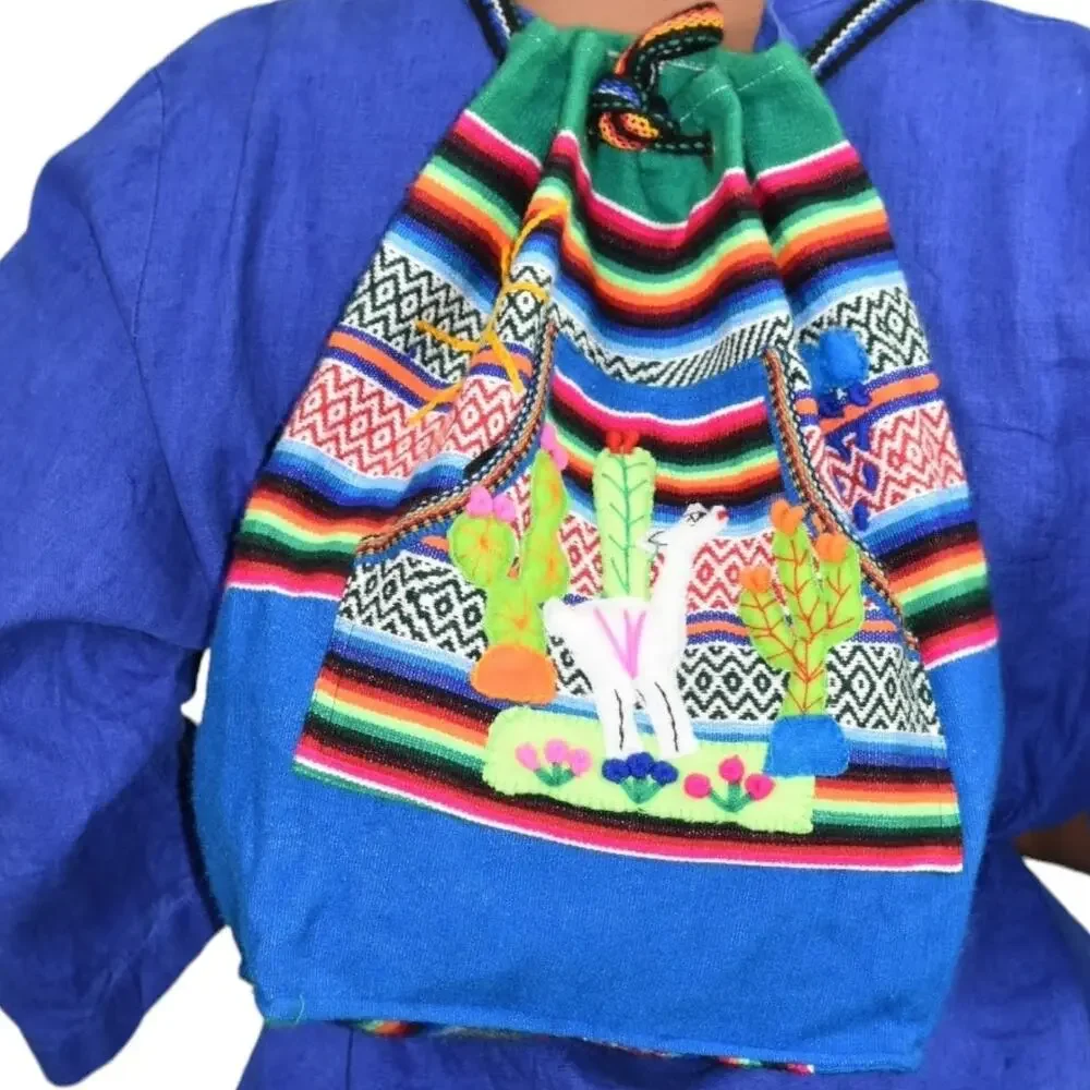 Arpilleras Backpack Blue Woven Blanket Peru Alpaca Folk Art Patchwork Burlap